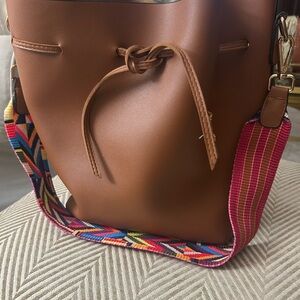 Brown Leather Bucket Bag with detachable Colorful Strap